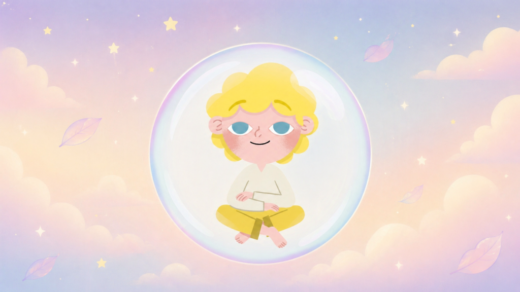 Hari en méditation dans une bulle yeux ouverts