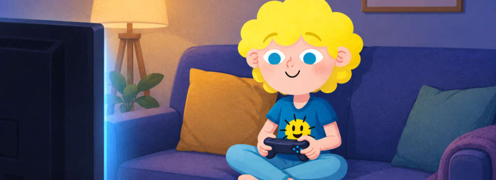Hari sur le canapé qui joue à la console devant la TV